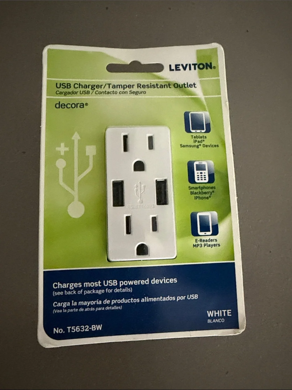 Decora White USB Charger Tamper Resistant Outlet
